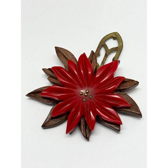 Vintage wood plastic red flower dress clip - Picture 4 of 6